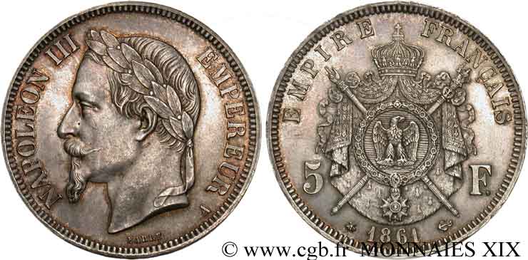 5 francs Napoléon III tête laurée, grand A 1861 Paris F.331/2 MS 