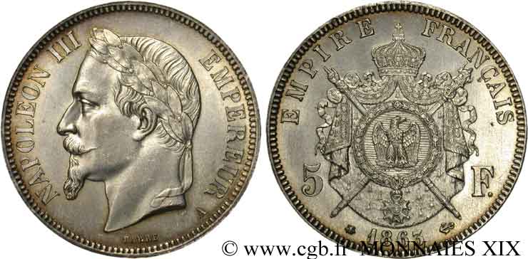 5 francs Napoléon III tête laurée 1863 Paris F.331/5 MS 