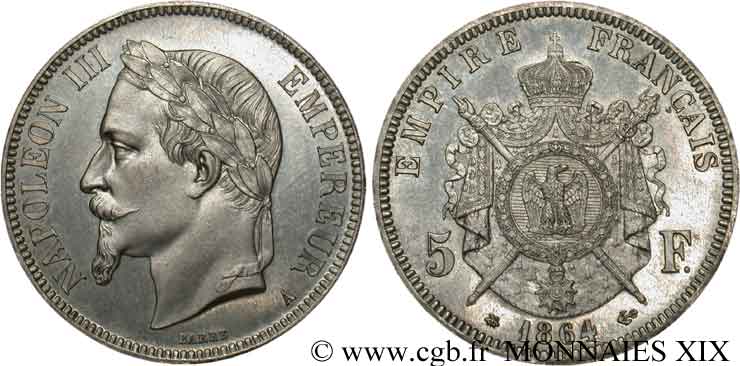 5 francs Napoléon III tête laurée 1864 Paris F.331/6 MS 
