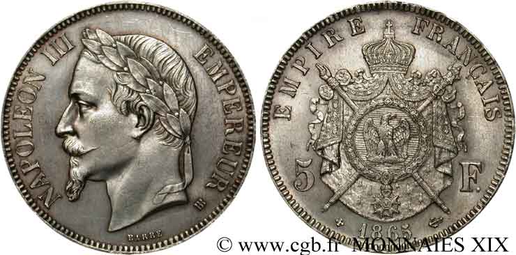5 francs Napoléon III tête laurée 1865 Strasbourg F.331/8 MS 