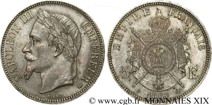 5 francs Napoléon III, tête laurée 1867 Strasbourg F.331/11 EBC 