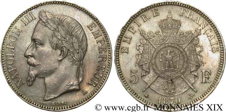 5 francs Napoléon III tête laurée 1870 Paris F.331/16 AU 