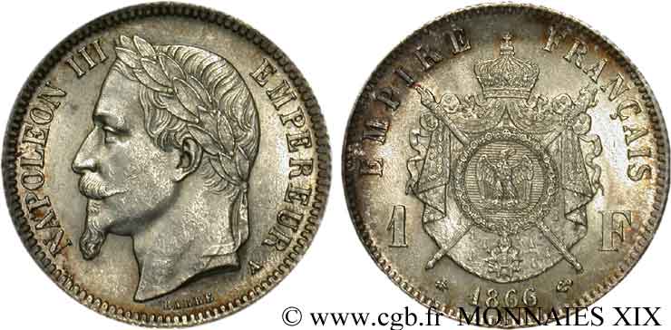 1 franc Napoléon III, tête laurée 1866 Paris F.215/3 SPL 