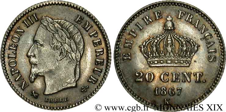 20 centimes Napoléon III tête laurée, grand module 1867 Bordeaux F.150/3 VZ 