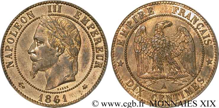 Dix centimes Napoléon III, tête laurée 1861 Paris F.134/4 SPL 