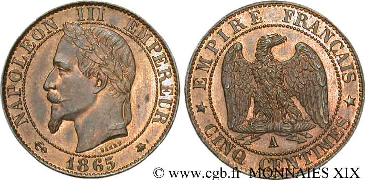 Cinq centimes Napoléon III tête laurée 1865 Paris F.117/16 MS 