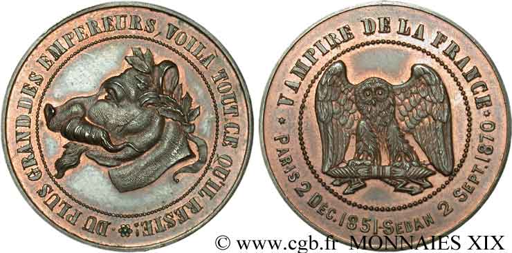 Monnaie satirique, module de 10 centimes à la tête de cochon 1870  Coll.41  SPL 