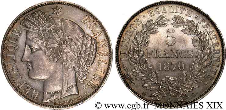 5 francs Cérès avec légende 1870 Paris F.333/1 SUP 
