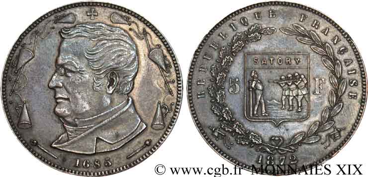 Module de 5 francs, bronze argenté, Thiers, frappe de souvenir 1872 Bruxelles VG.cf. 3819  SPL 