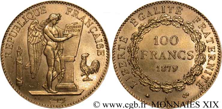 100 francs génie, tranche inscrite en relief Dieu protège la France 1879 Paris F.552/3 TTB 