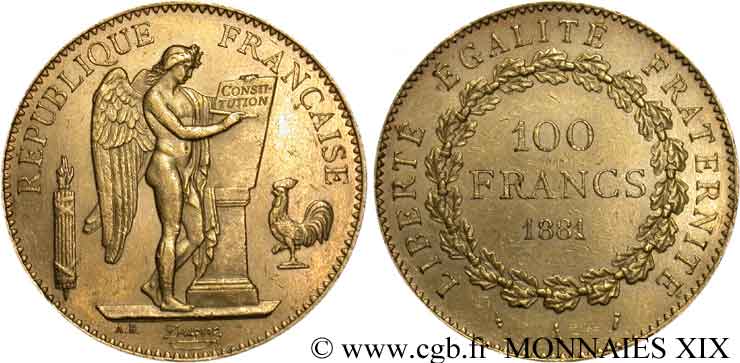100 francs or Génie, tranche inscrite en relief Dieu protège la France 1881 Paris F.552/4 BB 
