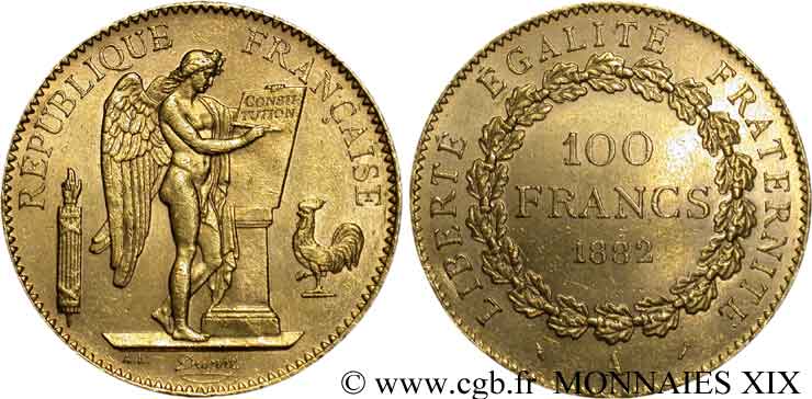 100 francs génie, tranche inscrite en relief Dieu protège la France 1882 Paris F.552/5 SPL 