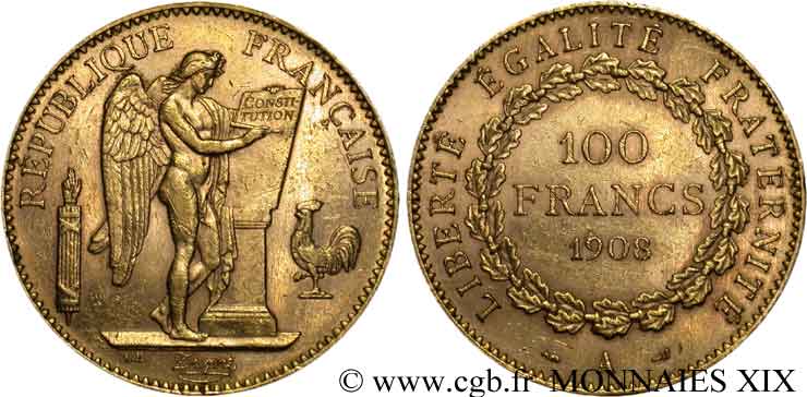 100 francs génie, tranche inscrite en relief liberté égalité fraternité 1908 Paris F.553/2 TTB 