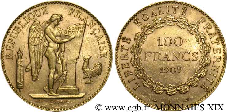 100 francs génie, tranche inscrite en relief Dieu protège la France 1909 Paris F.553/3 TTB 