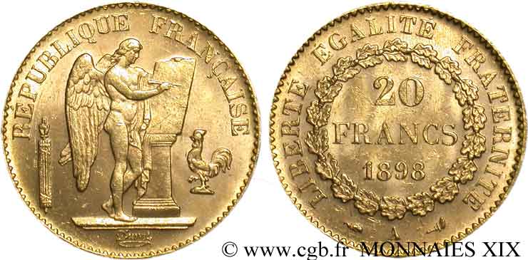 20 francs génie, Troisième république 1898 Paris F.533/23 SPL 