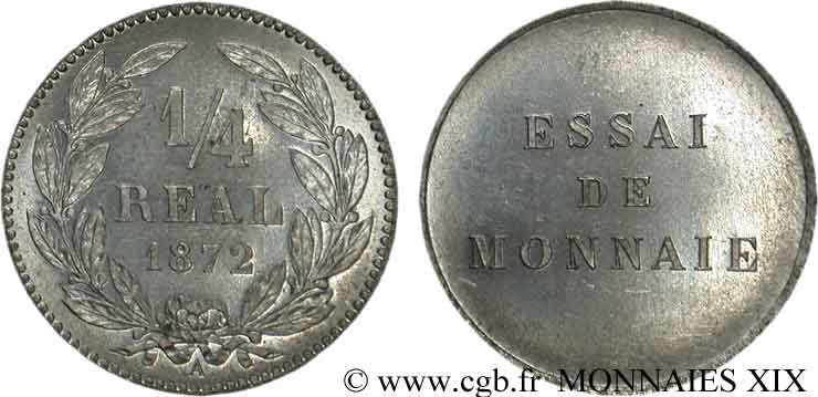 Essai d un 1/4 de réal, tranche cannelée 1872 Paris VG.3816  MS 