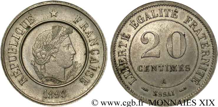 Essai - piéfort de 20 centimes par Merley  1898 Paris VG.4341  SUP 