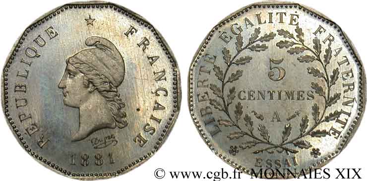 Essai de 5 centimes d’après Dupré 1881 Paris VG.3968  MS 