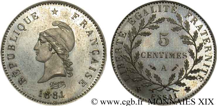 Essai de 5 centimes d’après Dupré 1881 Paris VG.3972  SPL 