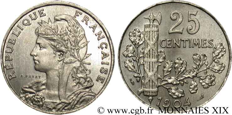 Piéfort de 25 centimes Patey, 2e type à 22 pans, sans le mot ESSAI 1904 Paris F.169/2P MS 