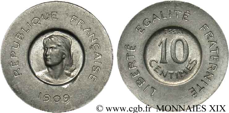 Essai de 10 centimes Rude 1909 Paris VG.4637  SUP 