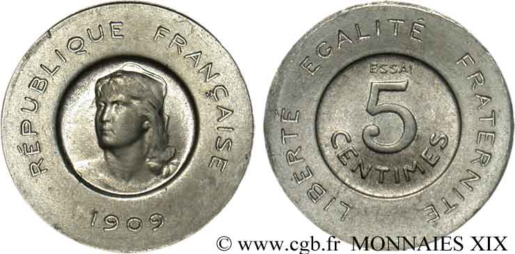 Essai en aluminium de 5 centimes Rude 1909 Paris VG.4639  VZ 