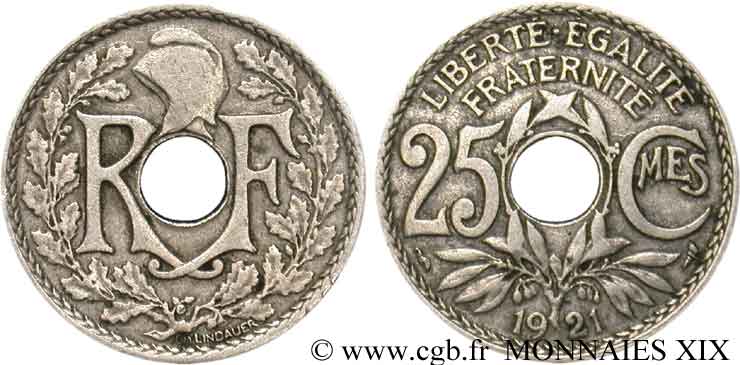 25 centimes Lindauer, axe décalé 1921  F.171/5 var. TB 