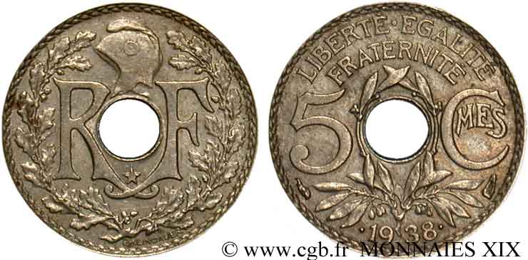 5 centimes Lindauer, Maillechort, avec étoile 1938 Paris F.123/1 BB 