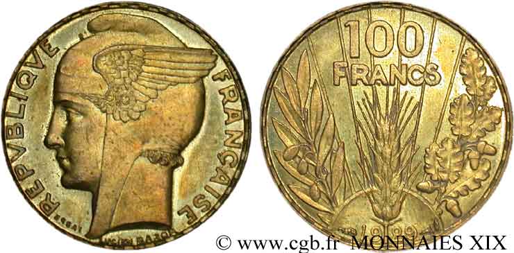 Concours de 100 Francs, essai de Bazor en bronze-aluminium 1929 Paris VG.5216 var. AU 