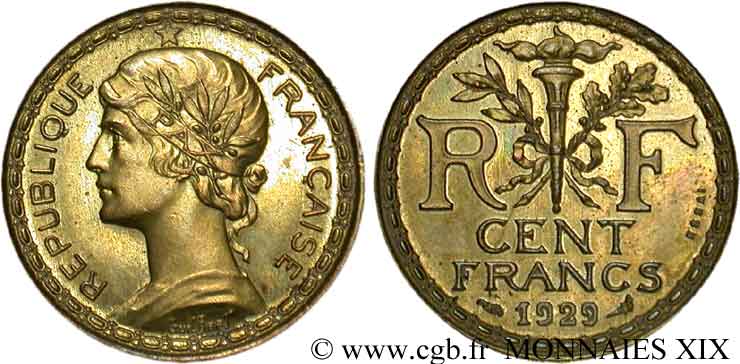 Concours de 100 Francs, essai de Guilbert en bronze-aluminium 1929 Paris VG.cf. 5219  SPL 
