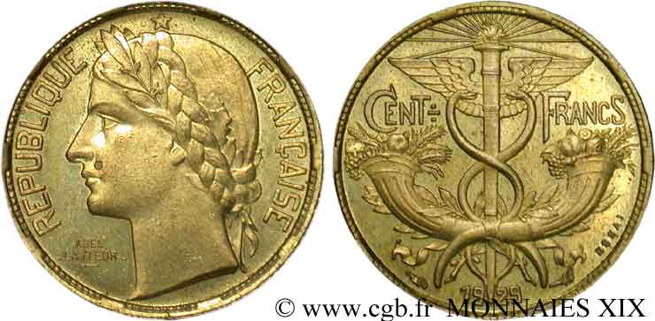 Concours de 100 Francs, essai de La Fleur en bronze-aluminium 1929 Paris VG.cf. 5220  AU 