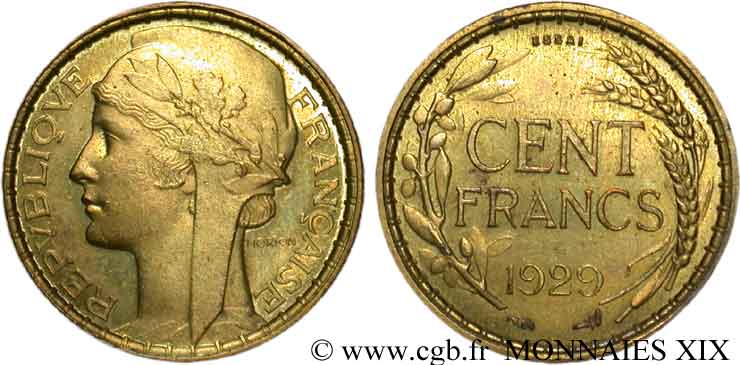 Concours de 100 francs, essai de Morlon en bronze-aluminium 1929 Paris VG.cf. 5222  fST 
