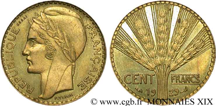 Concours de 100 Francs, essai de Turin en bronze-aluminium 1929 Paris VG.cf. 5223  SPL 