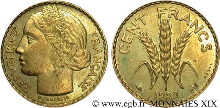 Concours de 100 Francs, essai de Yencesse en bronze-aluminium 1929 Paris VG.cf. 5225  VZ 