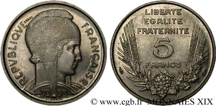 Concours de 5 francs, essai de Bazor en nickel 1933 Paris F.335/1 MS 