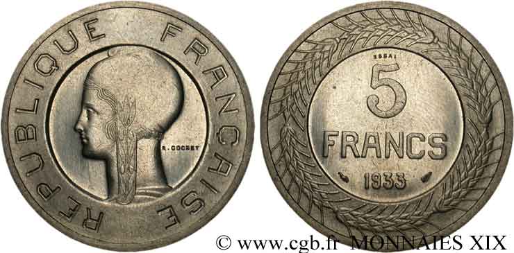 Concours de 5 francs, essai de Cochet en nickel 1933 Paris VG.5354  SPL 