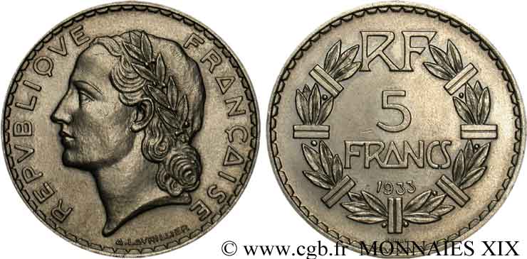 Concours de 5 francs, essai de Lavrillier en nickel, sans différent 1933 Paris Maz.2563 a EBC 