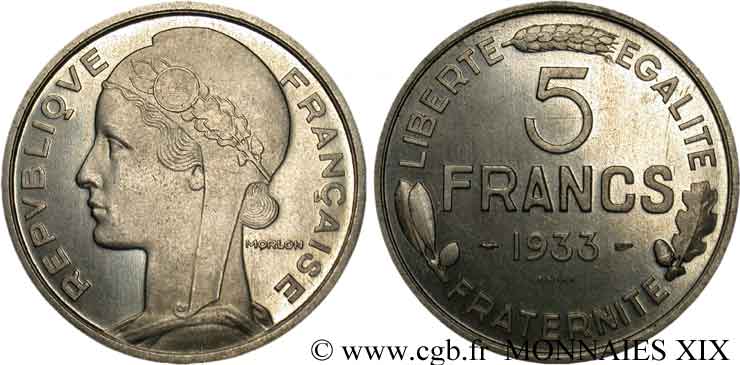 Concours de 5 francs, essai de Morlon en nickel 1933 Paris VG.5359  SPL 