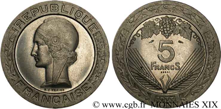 Concours de 5 francs, essai de Vézien en nickel 1933 Paris VG.5360  MS 