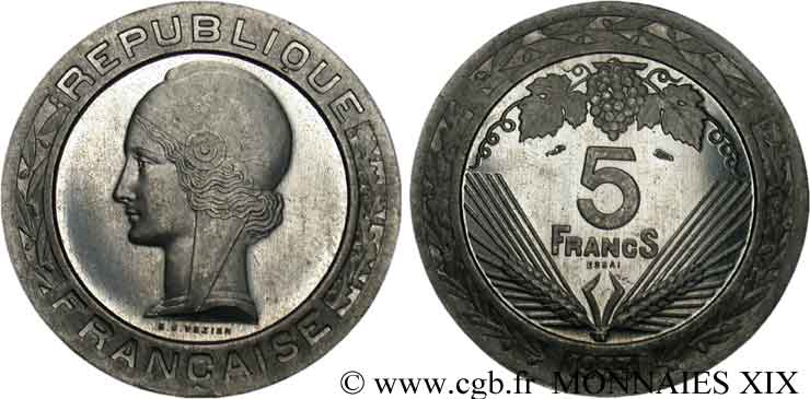 Concours de 5 francs, essai de Vézien en aluminium 1933 Paris VG.5362 B SPL 