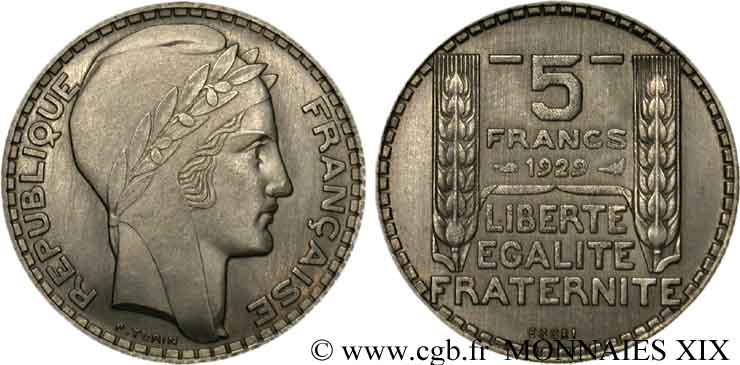 Concours de 5 francs, essai de Turin en nickel 1929 Paris VG.5243 b AU 