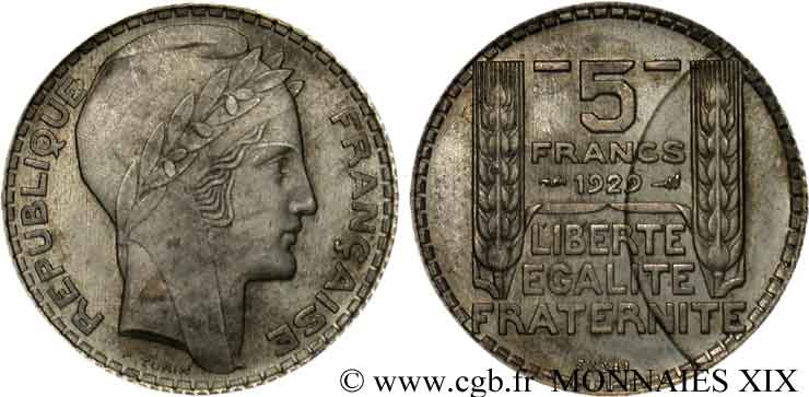 Concours de 5 francs, essai de Turin en argent 1929 Paris VG.cf. 5243 b SUP 