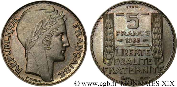 Concours de 5 francs, essai de Turin en argent 1933 Paris VG.5245  SUP 