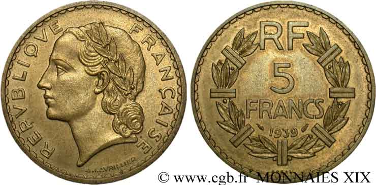 Essai de 5 francs Lavrillier en bronze-aluminium 1939  F.337/2 VZ 
