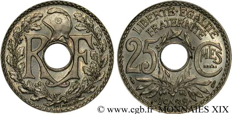 Essai de 25 centimes Lindauer, Maillechort 1938  F.172/1 fST 