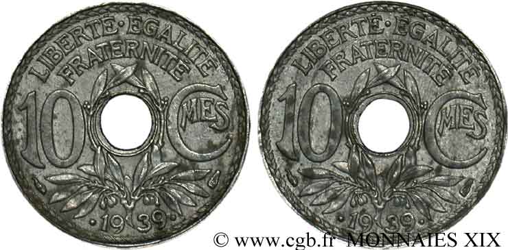Essai de 10 centimes Lindauer en zinc, double revers 1939 Paris VG.-  EBC 