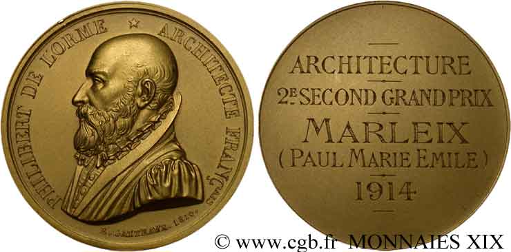III REPUBLIC Médaille Or 36, 2e second grand prix d’architecture à Paul Marie Émile Marleix MS