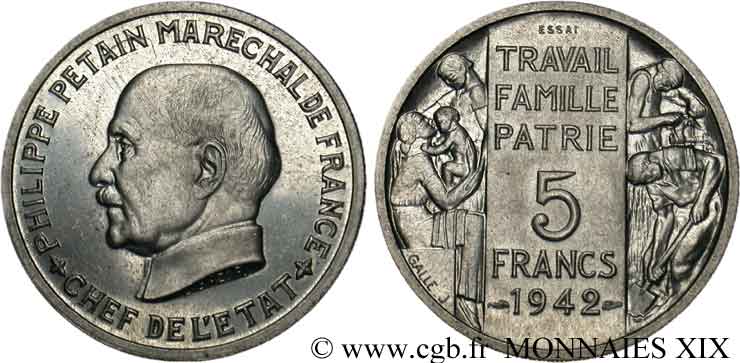 Essai grand module de 5 francs Pétain de Bazor et Galle 1942 Paris VG.5610  SPL 
