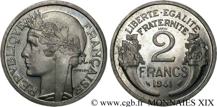 Essai en aluminium de 2 francs Morlon 1941  F.269/1 SC 