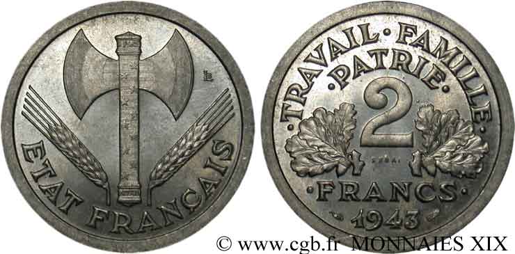 Essai 2 francs Francisque 1943 Paris F.270/1 SC 